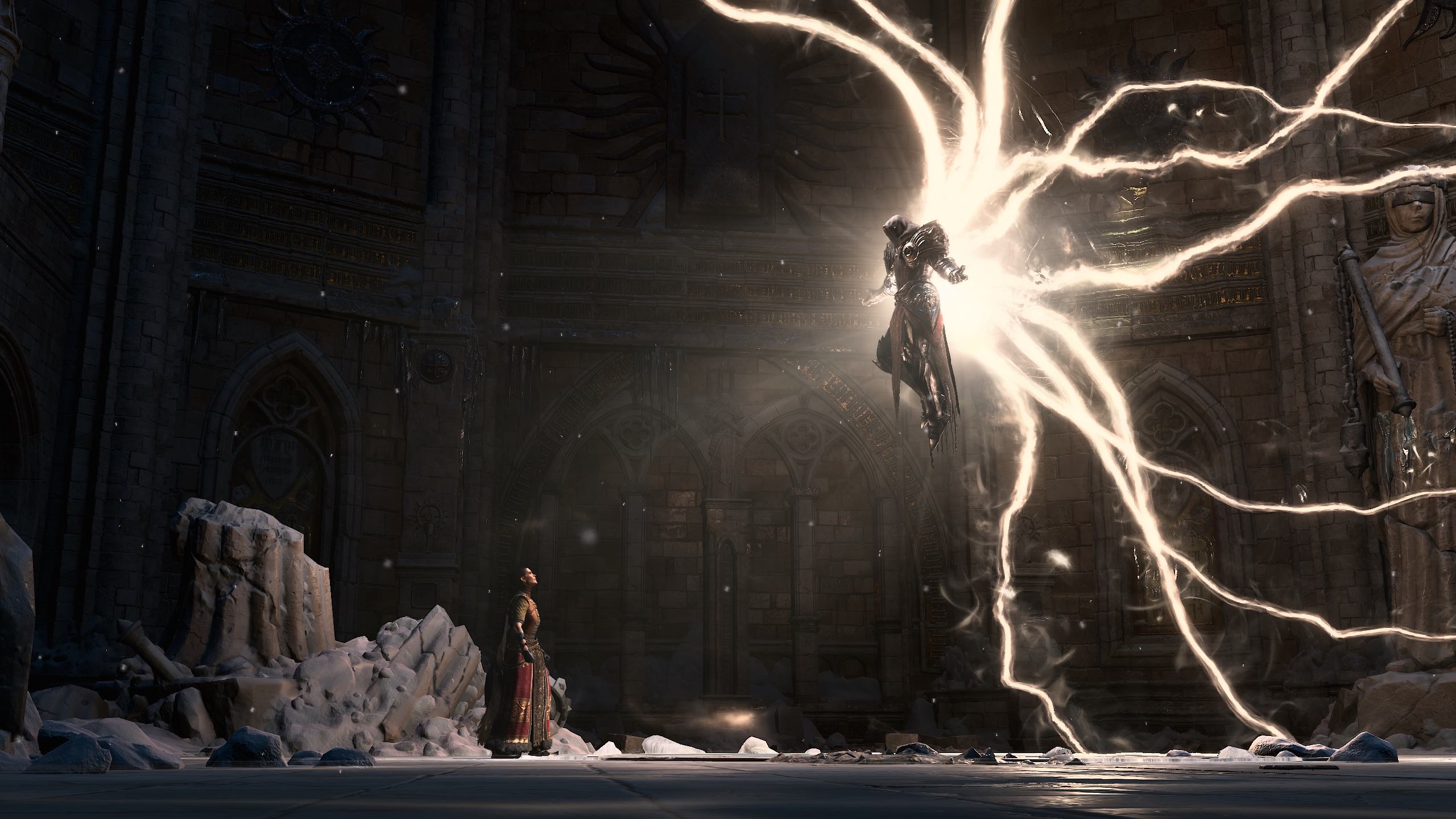 Scene from Diablo 4 of an imposing angel floating in front of a human