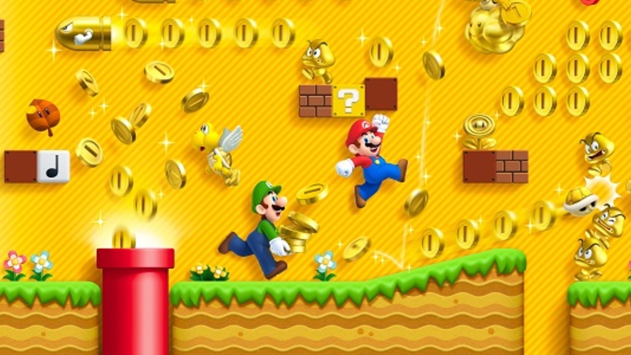 Image of Mario and Luigi running through a level collecting coins