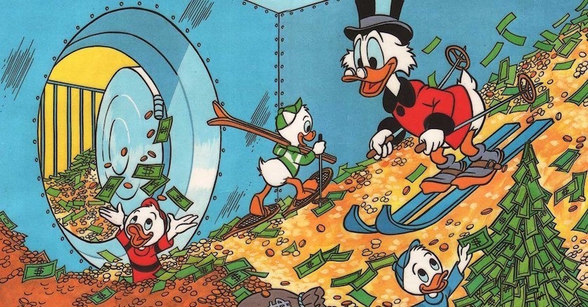 Scrooge and family playing in piles of money