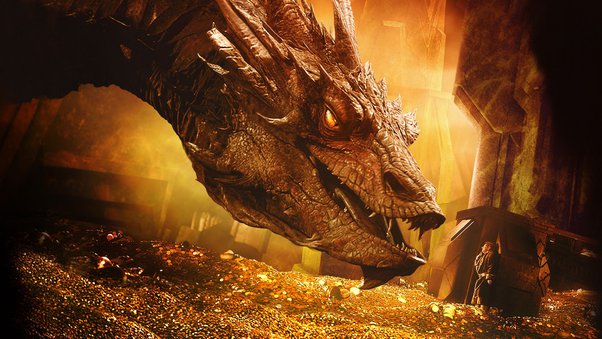 Shot from the Hobbit of Smaug on a pile of gold